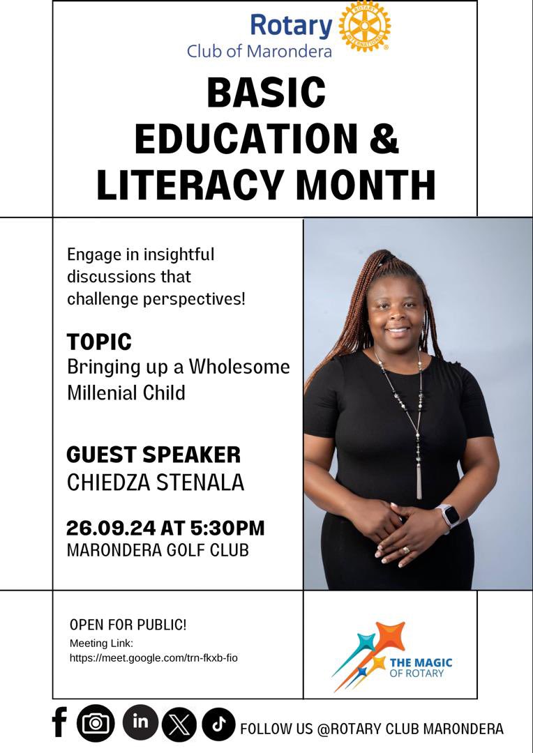 We are still unpacking insightful discussions around Basic Education and Literacy . Join us this Thursday 26 September 2024 as our guest speaker Chiedza Stenala presents on Bringing up a wholesome child. 

meet.google.com/trn-fkxb-fio