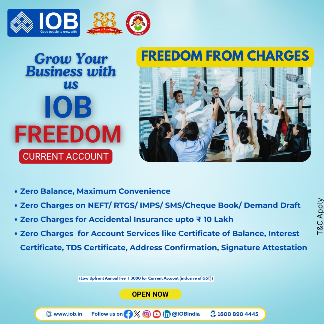 IOBIndia's tweet photo. Open up a world of unlimited possibilities with IOB's Freedom Current Account! π Pay a one-time annual charge of just βΉ3000 and enjoy a host of features at no extra cost. Experience banking freedom like never before! #IOBFreedomAccount #IOB_Freedom_Current_Account
https://t.co/t54iXMZ29P
#IOB #IndianOverseasBank #dfs #RBI #KYC #AccountOpening #currentaccount #business #businessaccount #UniqueFeatures #nilcharges #free #zerobalance #Unlimited #banking #PSB #bankaccount