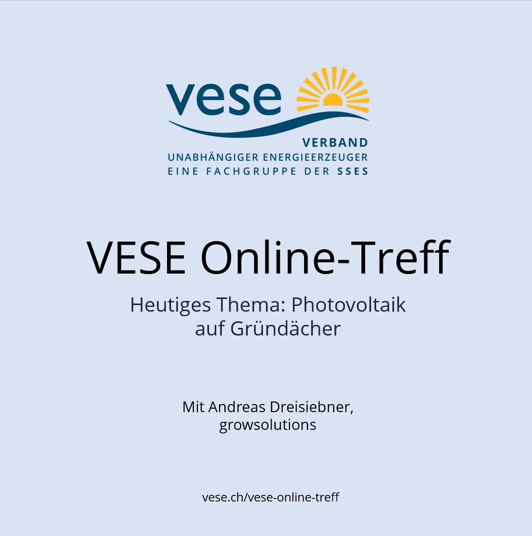 Der heutige VESE Online-Treff um 18 Uhr dreht sich um Photovoltaik auf Gründächern 🌿☀️
Andreas Dreisiebner von #growsolutions zeigt auf, wie PV und Gründach gemeinsam optimal funktionieren und zu einer WIN-WIN-Situation führen können.
vese.ch/vese-online-tr…