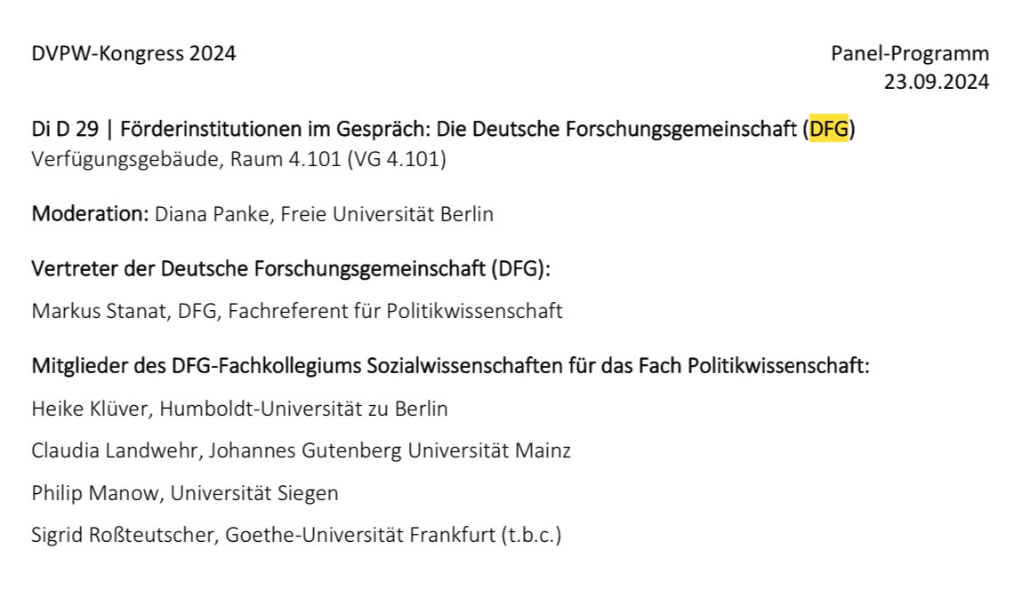 HeikeKluever's tweet image. Wollt Ihr mehr über Fördermöglichkeiten der @dfg_public wissen? Come and join us today @dvpw @dvpwkongress!