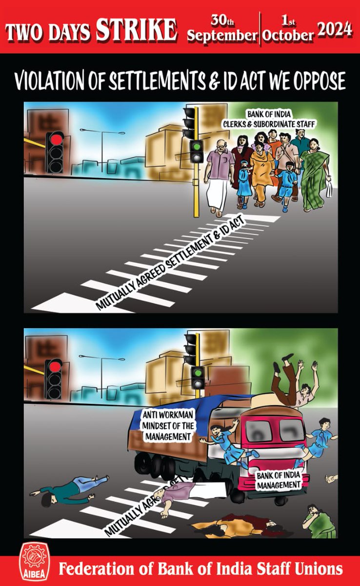 FOBOISU's tweet image. Two Consecutive Days ( 30 September &amp;amp; 01 October, 2024) STRIKE in Bank of India against violation of the settlements and also of Industrial Disputes Act, 1947. We tender unqualified apology to bank&apos;s esteemed customers for inconveniences to be caused to them.