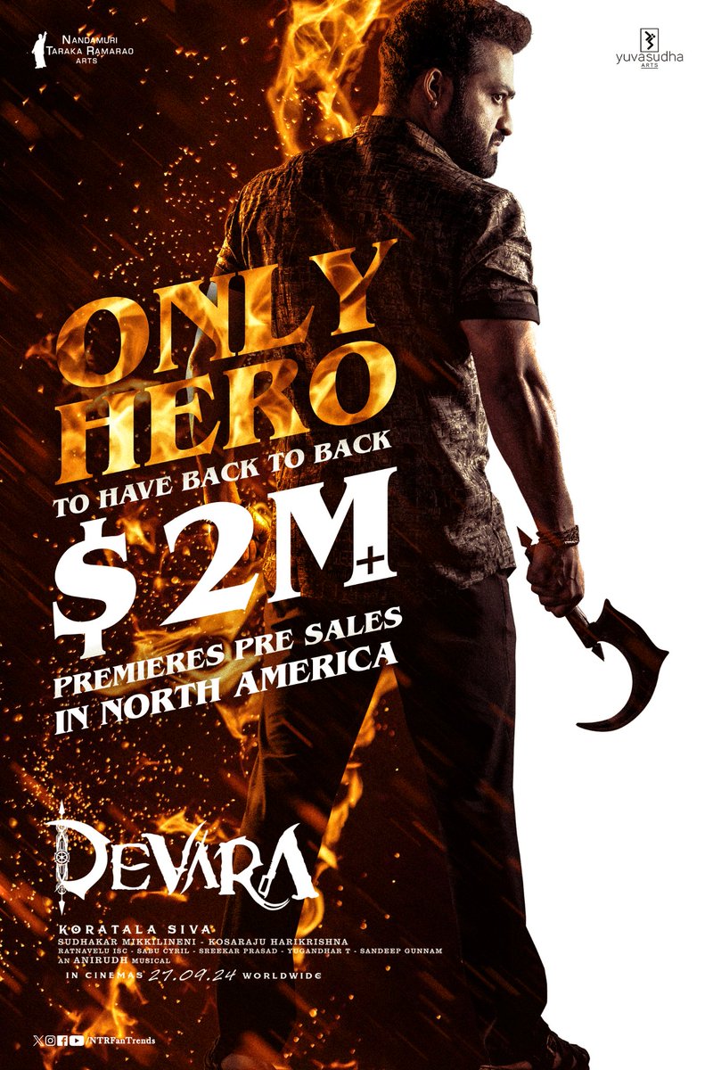taraksaintr's tweet photo. RECORD ALERT ⚠️

#Devara Crossed $2M+ Pre-sales For Premieres In North America 🐯

Man Of Masses @tarak9999 Is The FIRST INDIAN HERO To Hit Back To Back $2M+ Pre-Sales For Premieres In North America ✨

TIGER HUNT STARTS 🔥

@DevaraMovie #DevaraOnSep27th #DevaraUSA https://t.co/jfZxMhFTCb