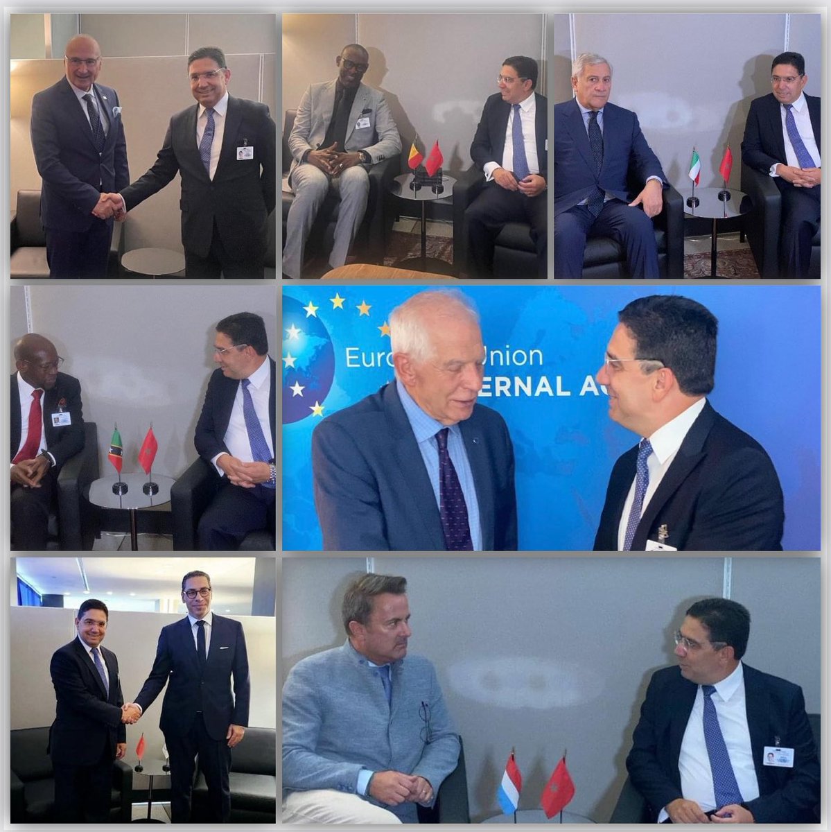 KMedrek's tweet photo. On the sidelines of the 79th session of the #UNGA, the Moroccan MFA Mr #Nasser_Bourita met in #New_York, with his counterparts from #Croatia, #Cyprus, #Italy, #Luxembourg, #Mali, #Saint_Kitts_Nevis & with the High Representative of the #EU for #Foreign_Affairs & #Security_Policy. https://t.co/HPYDJEFimP