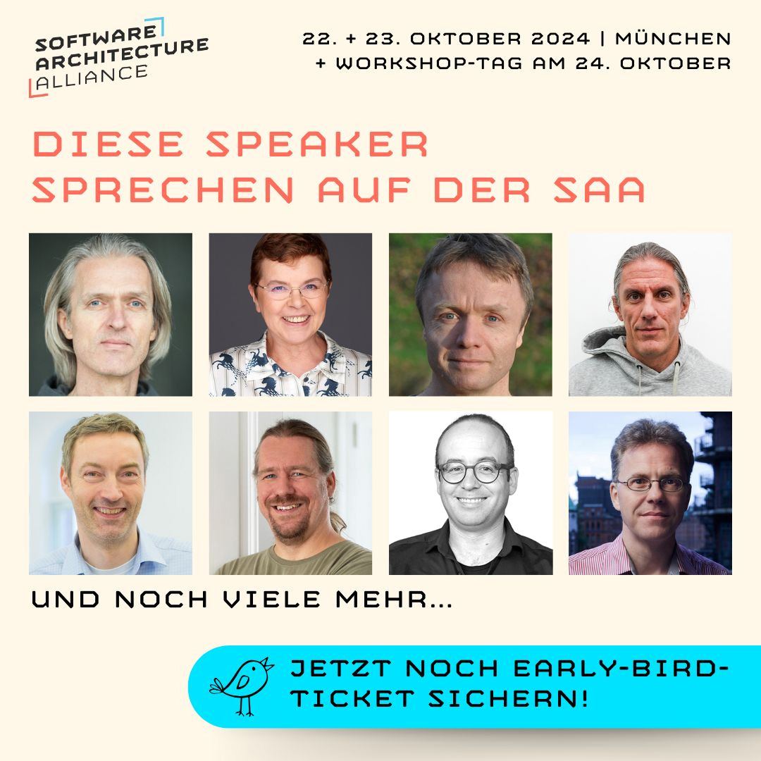 Was haben <a href="/ufried/">Uwe Friedrichsen</a> , <a href="/Grinseteddy/">Dr. Annegret Junker</a> , <a href="/mobileLarson/">mobileLarson</a> , <a href="/nilshartmann/">Nils Hartmann 🌻 @nilshartmann@norden.social</a> , @bitboss , <a href="/ArneLimburg/">Arne Limburg </a> , <a href="/sperbsen/">Mike Sperber</a> und <a href="/ewolff/">Eberhard Wolff</a> gemeinsam? Sie alle &amp; viele mehr sind mit uns auf der #SAAconf! 🎉

software-architecture-alliance.de/2024

Jetzt Programm zusammenstellen &amp; bis Freitag vom Early Bird profitieren!