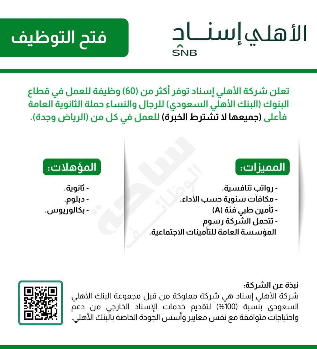 jobsforsaudis's tweet photo. ✅ | فتح التوظيف في (قطاع البنوك) لايشترط خبرة:

🌟 شركة الأهلي إسناد تعلن فتح باب التوظيف (رجال / نساء) لحملة (الثانوية والدبلوم والبكالوريوس)

⬇️ للتقديم:
(https://t.co/X5WUmam3xA)

➖
#جدة #الرياض https://t.co/UWehfr7WtU