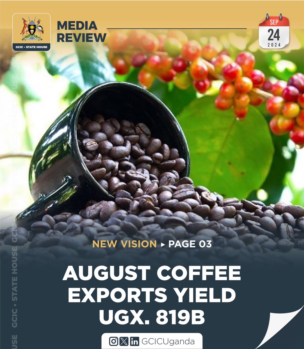 Government Citizen Interaction Centre (@gcicuganda) on Twitter photo Uganda's coffee exports have continued to go on an upward trajectory, rising in both value and volume in the month of August.
According to the <a href="/CoffeeUganda/">MAAIF_Coffee Production & Development Dept</a>, a total of 837,915 60kg bags of coffee, valued at $221.63m (UGX. 819.03b), were exported in August this year. This is a Uganda's coffee exports have continued to go on an upward trajectory, rising in both value and volume in the month of August.
According to the <a href="/CoffeeUganda/">MAAIF_Coffee Production & Development Dept</a>, a total of 837,915 60kg bags of coffee, valued at $221.63m (UGX. 819.03b), were exported in August this year. This is a