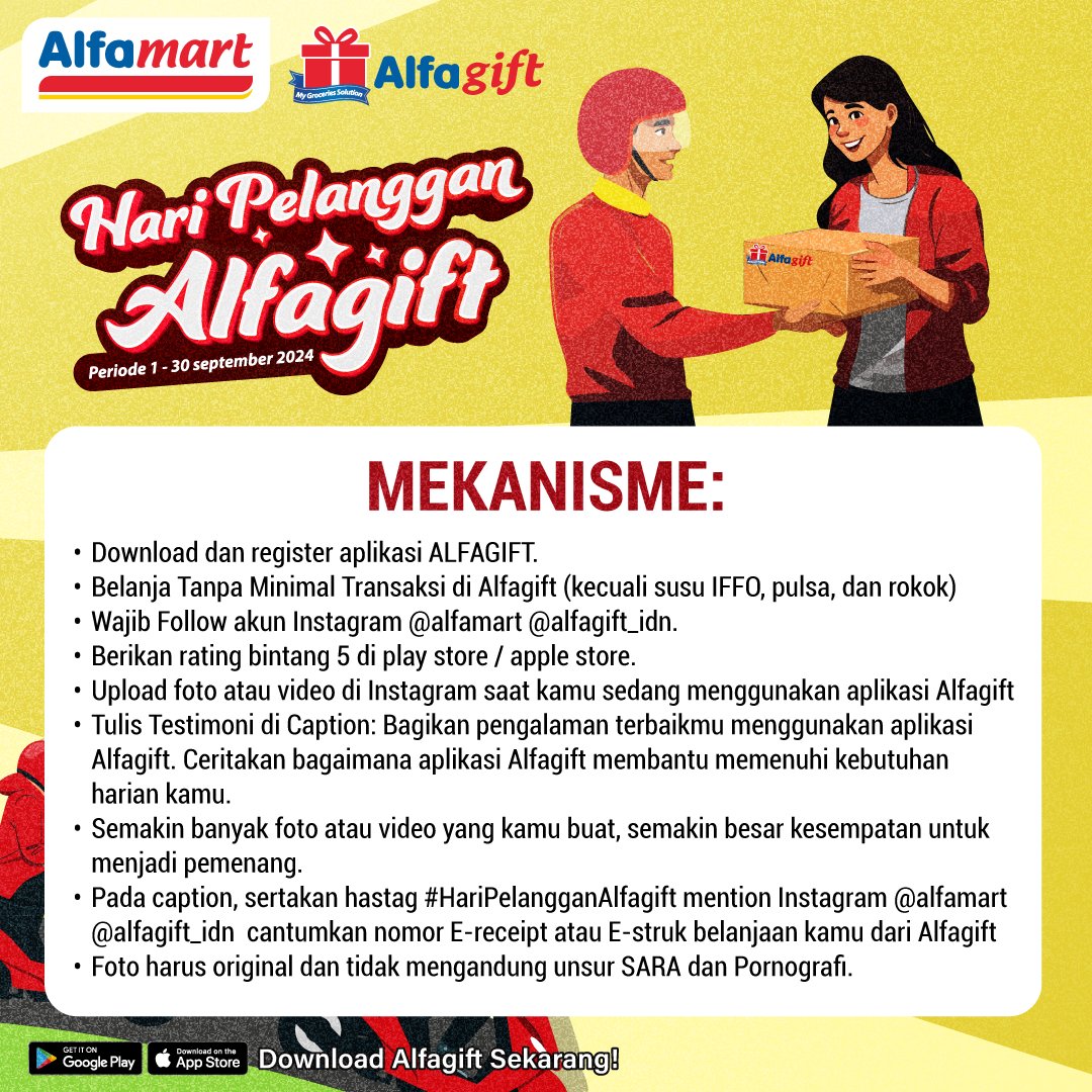 alfamart's tweet image. ✨ Hari Pelanggan Alfagift hadir dengan Hadiah Menarik 🥳

Periode : 01-30 September 2024

Langsung ikutan Challenge Hari Pelanggan Alfagift!!
*S&amp;amp;K berlaku

#Alfagift #Alfamart #PromoMember #HariPelangganAlfagift #25thAlfamart #AlfamartMelayani #GratisOngkirSepuasnya