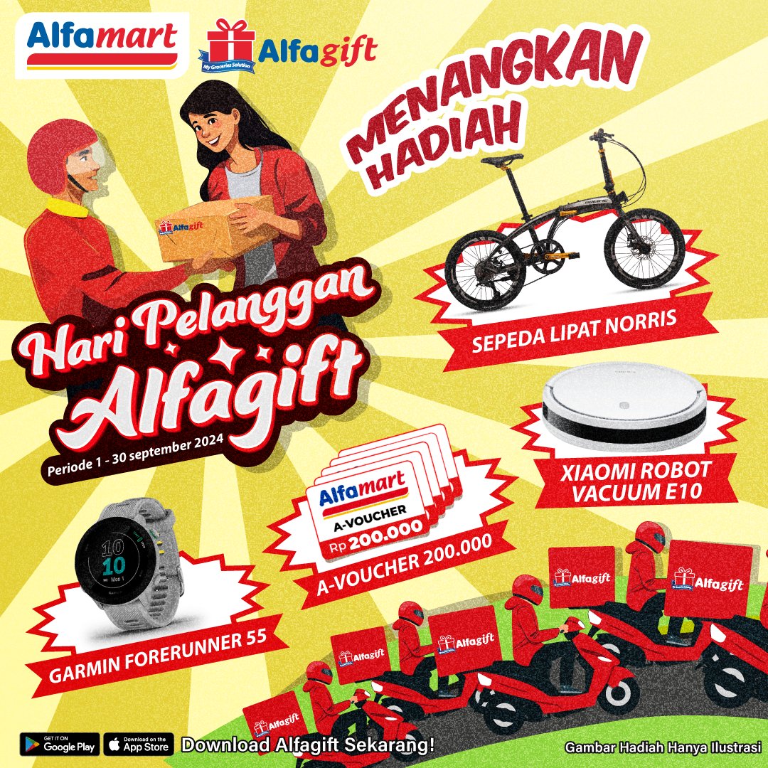 alfamart's tweet image. ✨ Hari Pelanggan Alfagift hadir dengan Hadiah Menarik 🥳

Periode : 01-30 September 2024

Langsung ikutan Challenge Hari Pelanggan Alfagift!!
*S&amp;amp;K berlaku

#Alfagift #Alfamart #PromoMember #HariPelangganAlfagift #25thAlfamart #AlfamartMelayani #GratisOngkirSepuasnya