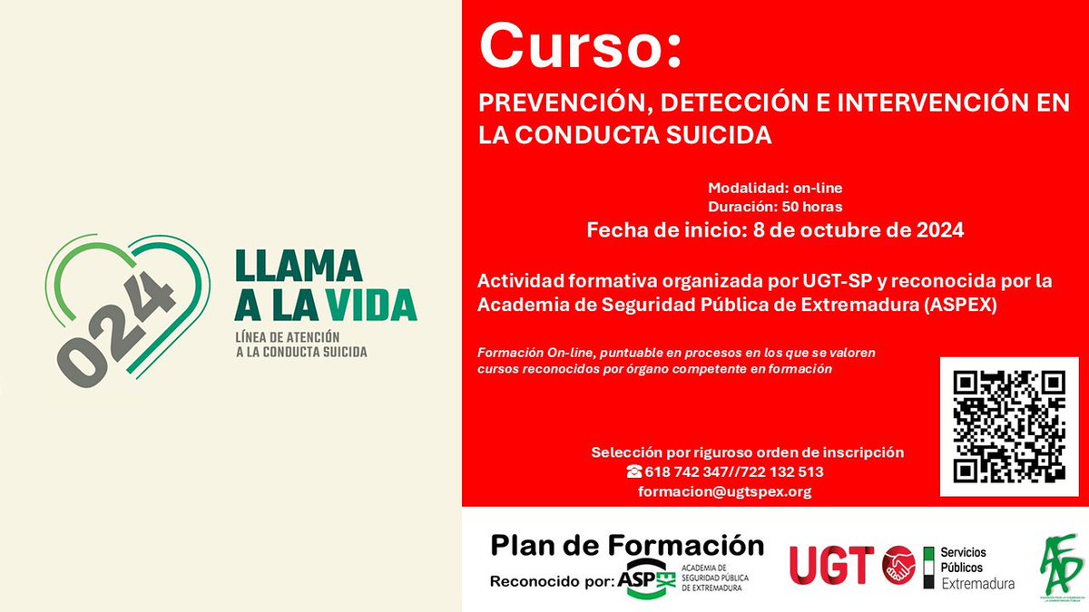 UGTSPEXT's tweet photo. 🔴 ¡NUEVO CURSO ONLINE! 🖥️
🔹 PREVENCIÓN, DETECCIÓN E INTERVENCIÓN EN LA CONDUCTA SUICIDA
🗓️ Inicio : Martes, 8 de octubre 2024
⏳ Duración : 50
💻 Modalidad : online
🔗 ¡Inscríbete ya! 👉 https://t.co/zDpibeEw3Z
#Formación #Prevención #UGTSP #CursoOnline https://t.co/Zf2MEHYGyx