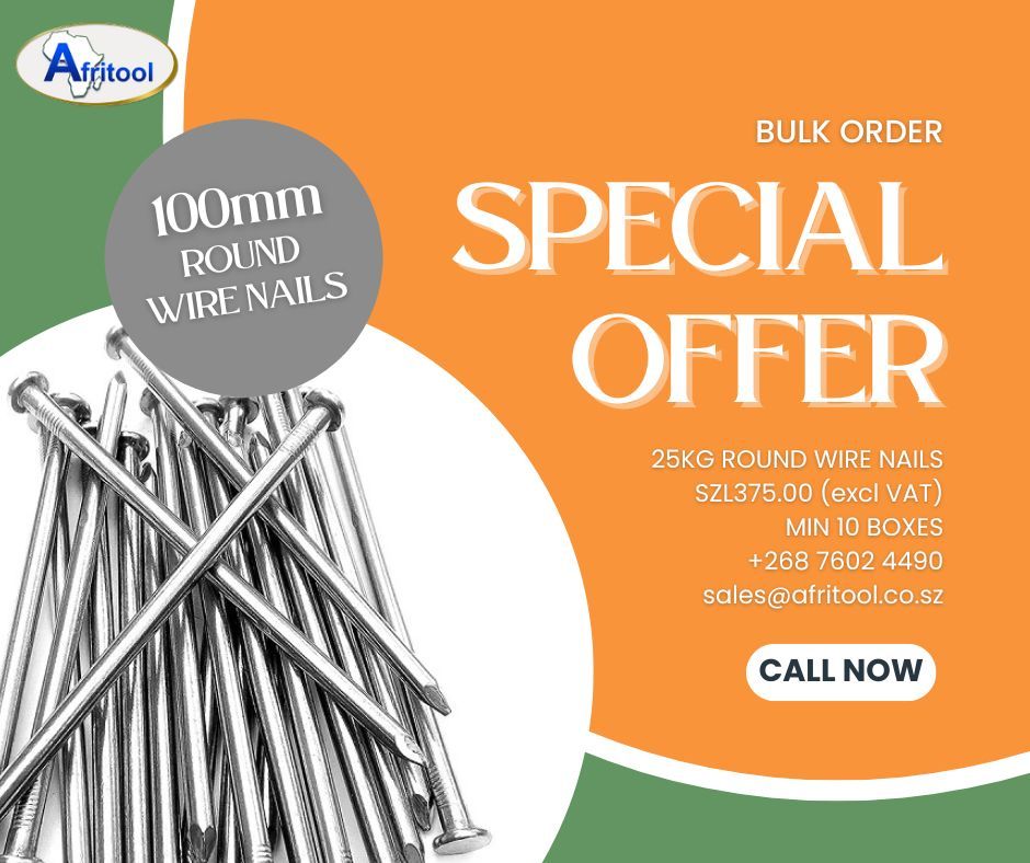 afritool's tweet image. Special Offer! 

Get a 25KG box of 100mm Round Wire Nails for just SZL375 (excl VAT)! Limited time offer
Min order: 10 boxes! Don't miss out—bulk up and save! 

#ConstructionDeals #Afritool #BuildingEssentials #BulkOrderSpecial #Eswatini