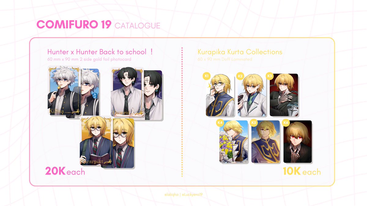 LuckyEro19's tweet photo. [RTs &amp; Likes are appreaciated 💛]
Pre-orders for #CF19 are now OPEN! 

🔗 https://t.co/I9rccOKXIA
🗓️ 24 September - 1 Oktober 2024
📦 Pick up only

Fandom :
HunterxHunter (HxH), YuYu Hakusho, Bungou Stray Dogs, and Original
#Comifuro19 #comifuro19catalogue #cf19catalogue https://t.co/sx77DvwD3N