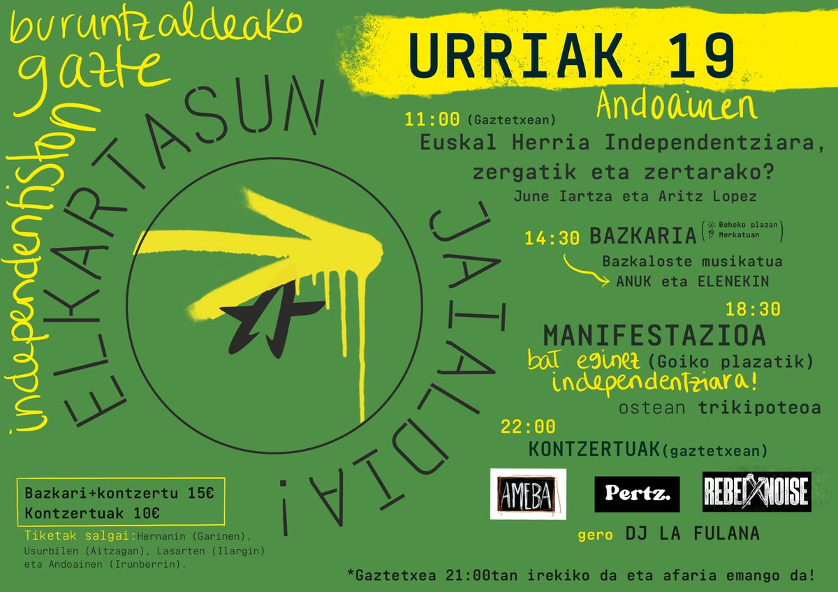 Gazte borroka geldiezina dela aldarrikatzeko, Buruntzaldeako gazte independentistok Urriaren 19 an Andoainen elkartuko gara.

Gorde data!
#independentziara❤️‍🔥