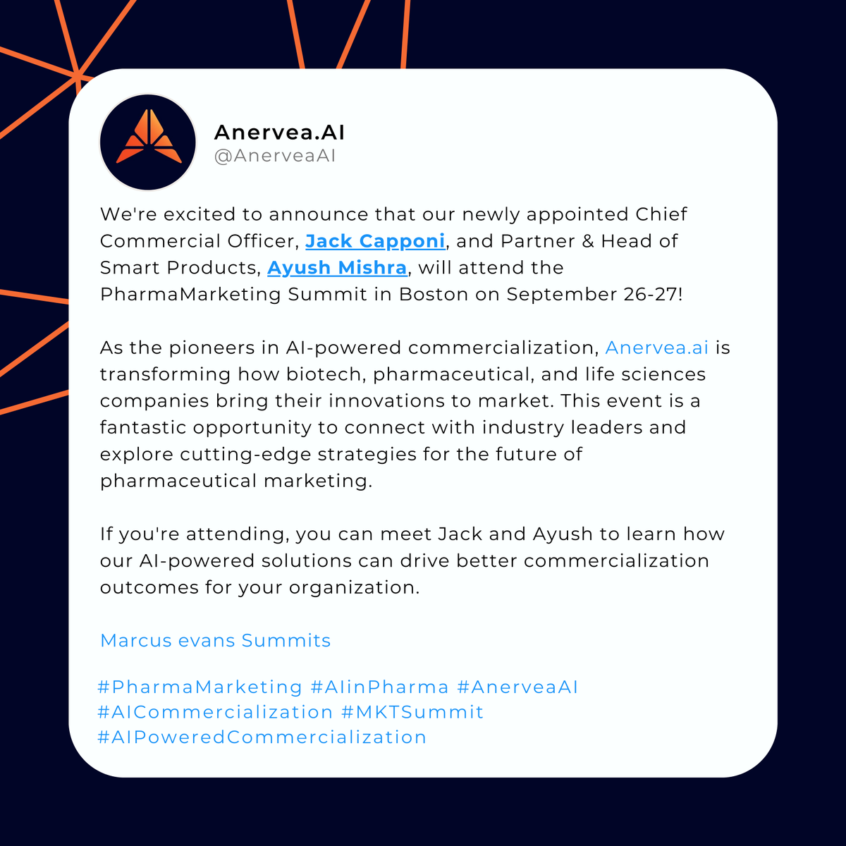 AnerveaAI's tweet photo. We're excited to announce that our newly appointed Chief Commercial Officer, Jack Capponi, and Partner &amp; Head of Smart Products, Ayush Mishra, will attend the PharmaMarketing Summit in Boston on September 26-27!
 
#PharmaMarketing #AIinPharma #AnerveaAI 

@marcusevans https://t.co/7NuyhwVAyy