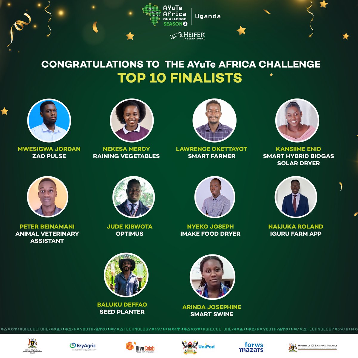 Heifer_Uganda's tweet photo. Meet our Top 10 finalists (in no particular order) for this year’s #AYuTeChallengeUG! 🌟 
Each of these talented innovators was awarded UGX 2,000,000 for their incredible efforts, creativity, and passion for transforming agriculture in Uganda. 

We’re so grateful to everyone who took part in the challenge and shared their inspiring ideas. Thank you for being part of this exciting journey! 🙌
