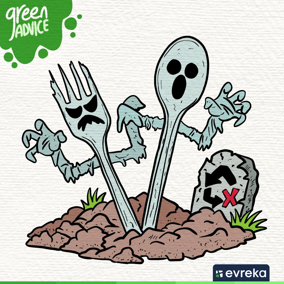 🌿 Green Advice: They're back... and they won't stay dead! 🧟‍♂️ Single-use plastics like forks and spoons stick around for centuries. Let’s stop the plastic invasion—choose reusable and help these 'zombies' finally rest in peace! ♻️🌍 #GreenAdvice #DitchSingleUse #NoMorePlastic