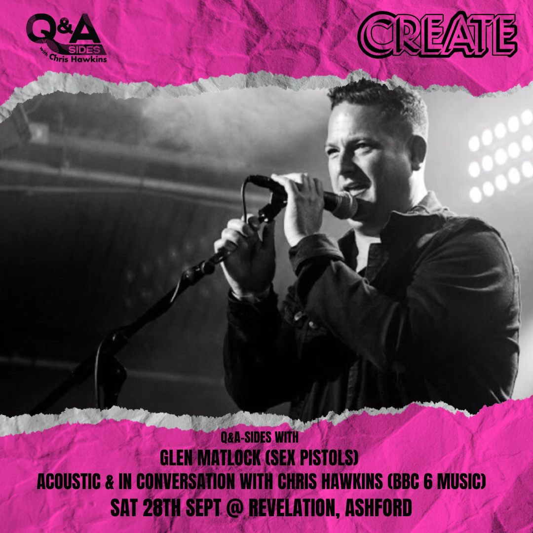 At the end of a week playing shows with <a href="/sexpistols/">Sex Pistols Official</a> this feels like a golden ticket. Join me with <a href="/GlenMatlock/">Glen Matlock</a> telling tales from his time as a Pistol + working with Iggy, Mick Ronson, The Faces and Blondie. 
Join us <a href="/ashfordcreate/">Create Music Village</a> this Sat 28.09
Tickets: ticketweb.uk/event/qa-sides…