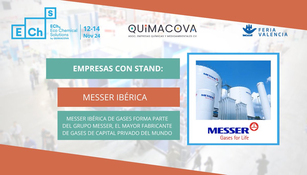 📢 Damos la bienvenida a <a href="/Messer_es/">Messer Ibérica</a> a ECO CHEMICAL SOLUTIONS BY QUIMACOVA 2024 en <a href="/Feria_Valencia/">Feria Valencia</a> 

➡ Con esta participación, ya son muchas las empresas que han confirmado su presencia en esta 2ª edición de #EcoChemicalSolutions2024; consúltalas en quimacova.org/echs/catalogo-…