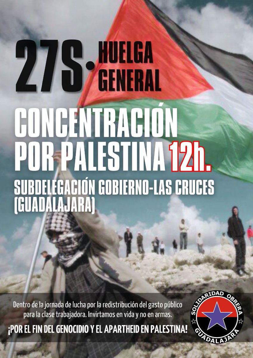CSOctubre's tweet image. 🔴URGENTE 🔴: Frente al terrorismo sionista, las palabras no bastan. 

Huelga general de 24 h (comunicada al Ministerio de Trabajo). Convocatorias a las 12 y a las 18 hs.
Recuerda: si no vas a trabajar, no tienes obligación de informar que vas a hacer huelga.