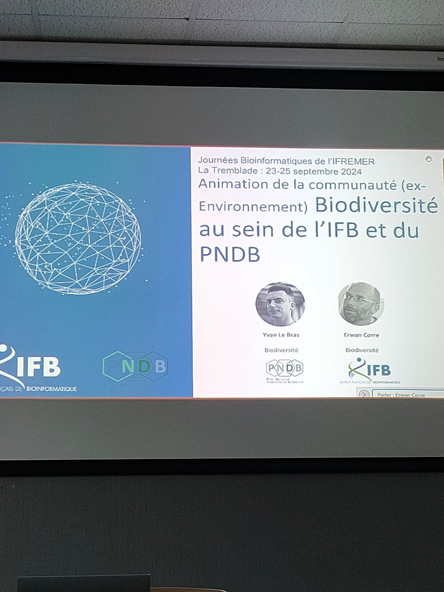 On ouvre la session Présentation d'Institut avec <a href="/r1corre/">Erwan Corre</a> de <a href="/ABiMS_SBRoscoff/">ABiMS</a>  et <a href="/Yvan2935/">Yvan Le Bras</a> du <a href="/PNDBiodiv/">Pôle National de Données de Biodiversité - PNDB</a> qui nous détaillent le réseau thématique ADNe/Biodiversité de <a href="/IFB_Bioinfo/">IFB_Bioinformatique</a> , un projet majeur pour la surveillance des écosystèmes via l'ADN environnemental.  #RB2024