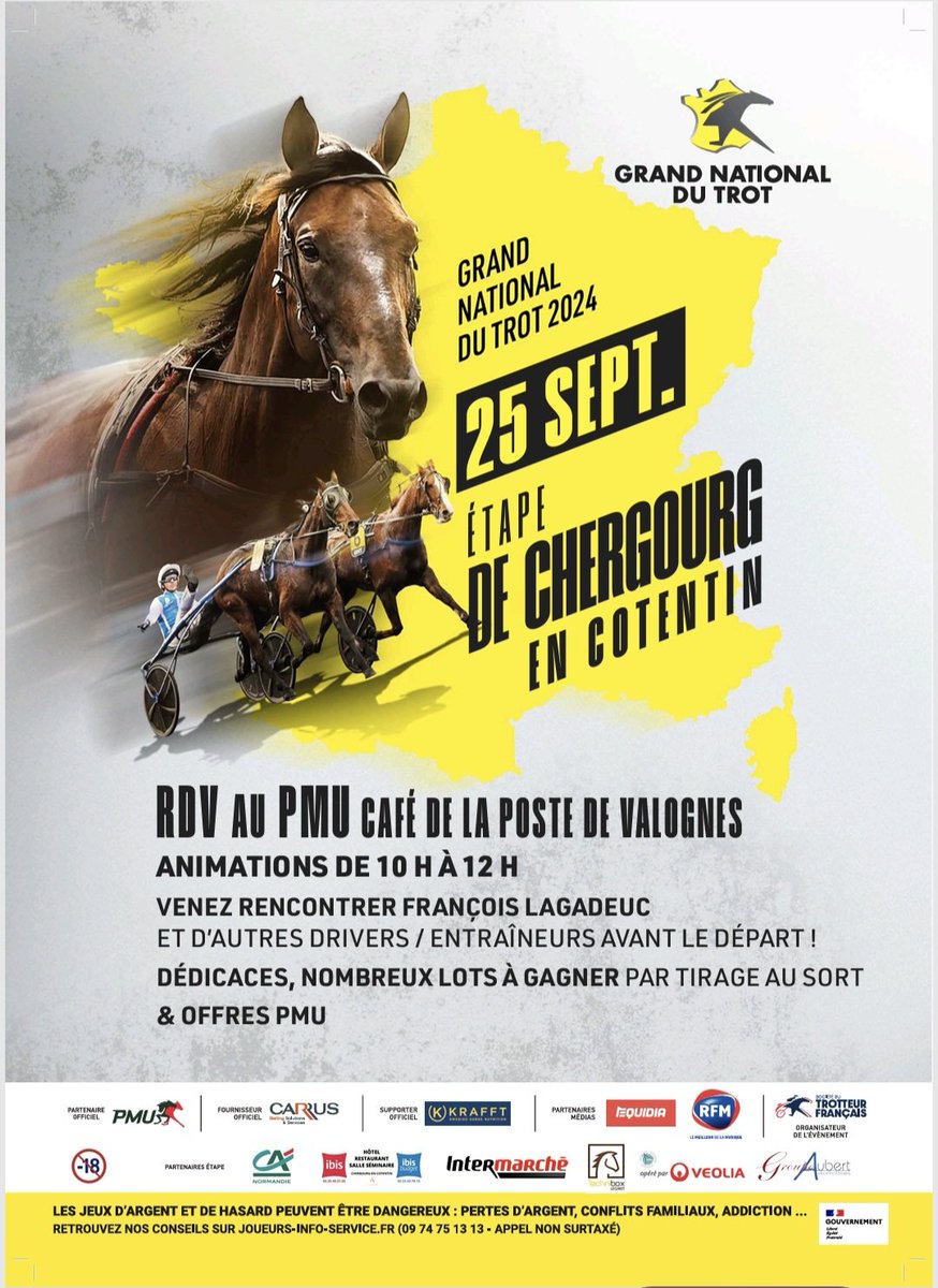 Gerbex Bruno (@brunogerbexpmu) on Twitter photo Animation #PMU au Café de la Poste à Valognes à partir de 10h avec la présences de drivers et entraîneurs 😃 (S Ernault, F Lagadeuc ...) 👍🏼
Venez les rencontrer et gagner des cadeaux avant d'aller à l'hippodrome de Cherbourg pour la 10e étape du GNT
<a href="/pmu/">PMU</a> <a href="/LeTrot/">Trotteur Français</a>
<a href="/HippodromeLaGla/">Hippodrome Cherbourg-en-Cotentin</a> Animation #PMU au Café de la Poste à Valognes à partir de 10h avec la présences de drivers et entraîneurs 😃 (S Ernault, F Lagadeuc ...) 👍🏼
Venez les rencontrer et gagner des cadeaux avant d'aller à l'hippodrome de Cherbourg pour la 10e étape du GNT
<a href="/pmu/">PMU</a> <a href="/LeTrot/">Trotteur Français</a>
<a href="/HippodromeLaGla/">Hippodrome Cherbourg-en-Cotentin</a>