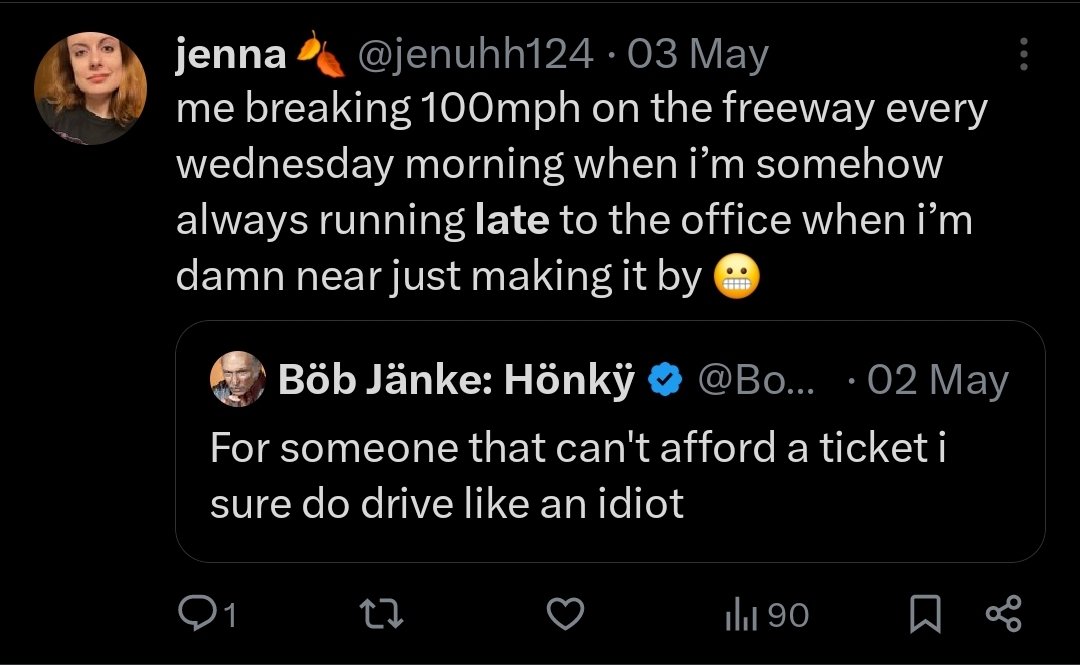 cheapncheerless's tweet photo. @jenuhh124 Have you considered improving your time management skills instead of endangering the lives of other human beings? https://t.co/vZAXSxmPEr
