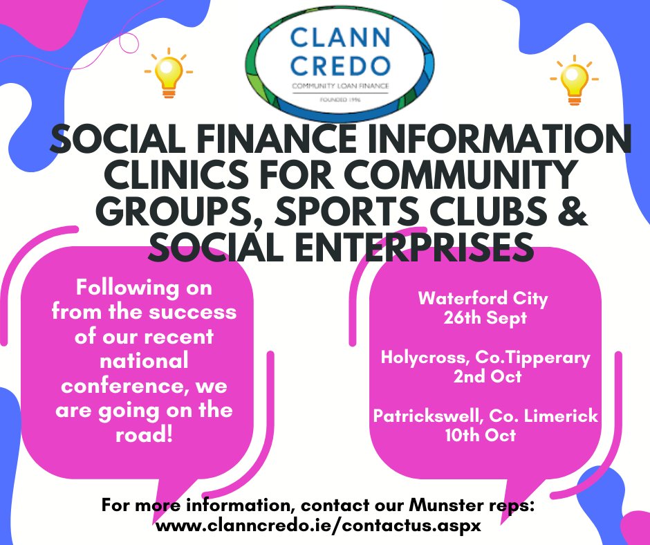 Clann Credo - Community Loan Finance (@clann_credo) on Twitter photo We're on the road and looking forward to meeting you! Find out all about the finance we provide for community projects and social enterprises. We're visiting Waterford, Holycross and Patrickswell - contact Sarah Leahy for more information 086 042 9323 / sarah@clanncredo.ie We're on the road and looking forward to meeting you! Find out all about the finance we provide for community projects and social enterprises. We're visiting Waterford, Holycross and Patrickswell - contact Sarah Leahy for more information 086 042 9323 / sarah@clanncredo.ie