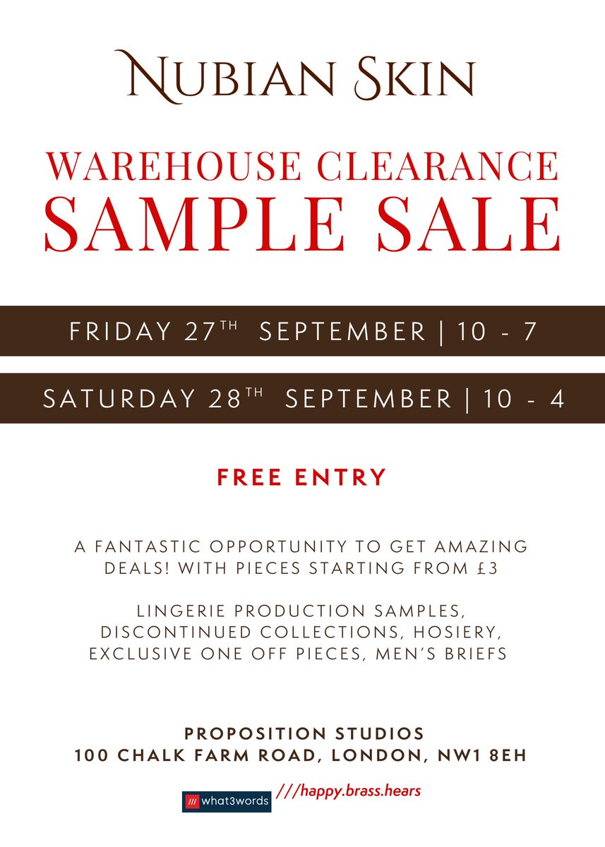 nubianskin's tweet image. CALLING ALL LONDONERS AND LOCALS: This Friday &amp;amp; Saturday, we are holding a sample sale! Grab production samples, discontinued collections, hosiery, exclusive one-off pieces and menswear from just £3!

Learn More Here:
eventbrite.com/e/102255480795…

#london #samplesale #lingerie