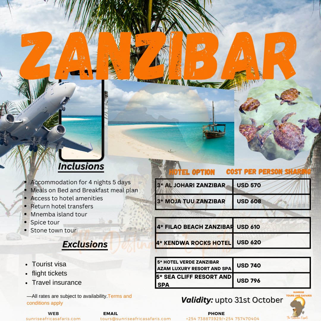 Sometimes all you need is to sit back and let the best tourism agency plan for your vacation. Sunrise Tours has eye watering Zanzibar offers valid up to 31st October! Contact us today to find out more!
#travelwithsunrisetours #Lipapolepole
📞/whatsapp +254 738 873 929