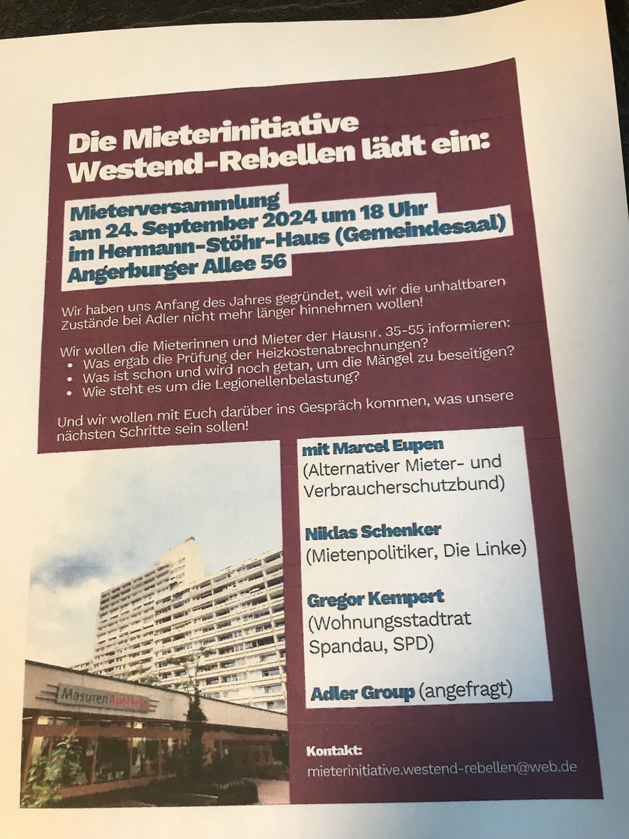 AMV27092014's tweet photo. #Charlottenburg Heute als Mieter der #AngerburgerAllee 35-53 ungerade noch nichts vor?

Mieterversammlung um 18:00 Uhr mit ⁦@GregorKempert⁩ ⁦@planerchen⁩ ⁦⁦@NiklasSchenker⁩ 

#Heizkosten #Legionellen und vieles mehr https://t.co/w2DFiYzwlL