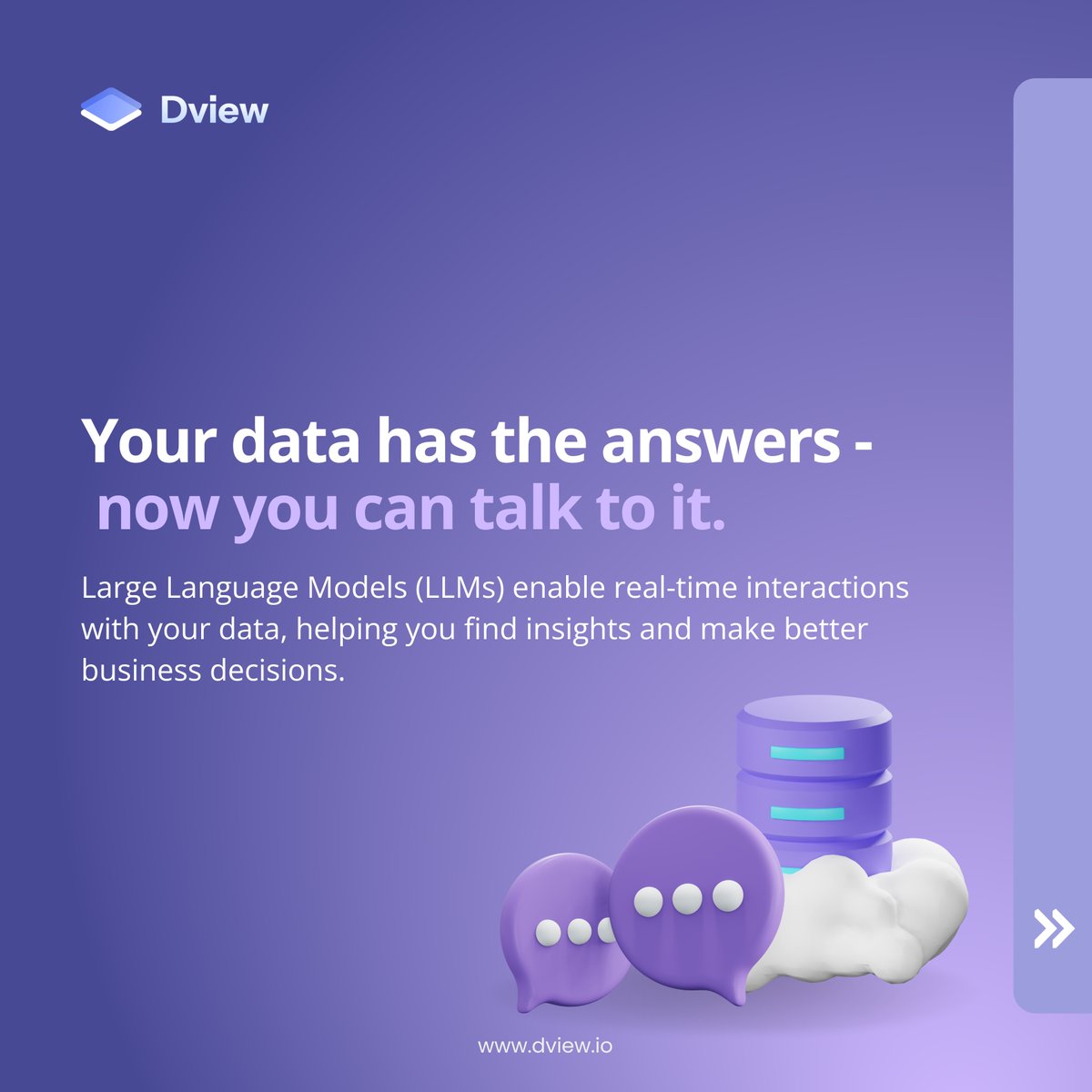 Reimagine your data with AI-powered conversations.💭 

At Dview, we turn data analysis into real-time discussions using LLMs. 🤖 

Unlock smarter insights and make better decisions, faster.🚀 

Check here: shorturl.at/4Mv4x

#AI #DataTransformation #LLMs