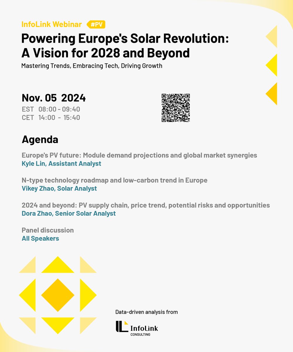 InfoLinkConsult's tweet photo. 🆓𝐖𝐞𝐛𝐢𝐧𝐚𝐫 𝐬𝐞𝐫𝐢𝐞𝐬 𝐛𝐚𝐜𝐤 𝐨𝐧𝐥𝐢𝐧𝐞!
Check out the agenda &amp; sign up here👇

🇪🇺 Powering #Europe's Solar Revolution, November 5 https://t.co/z7fRlqxGYB

🇮🇳 #India: What Awaits in 2025, November 28 https://t.co/2imVs3giT7

#solarwebinarfree #Europesolar #Indiasolar https://t.co/Hyk9CgSbfz