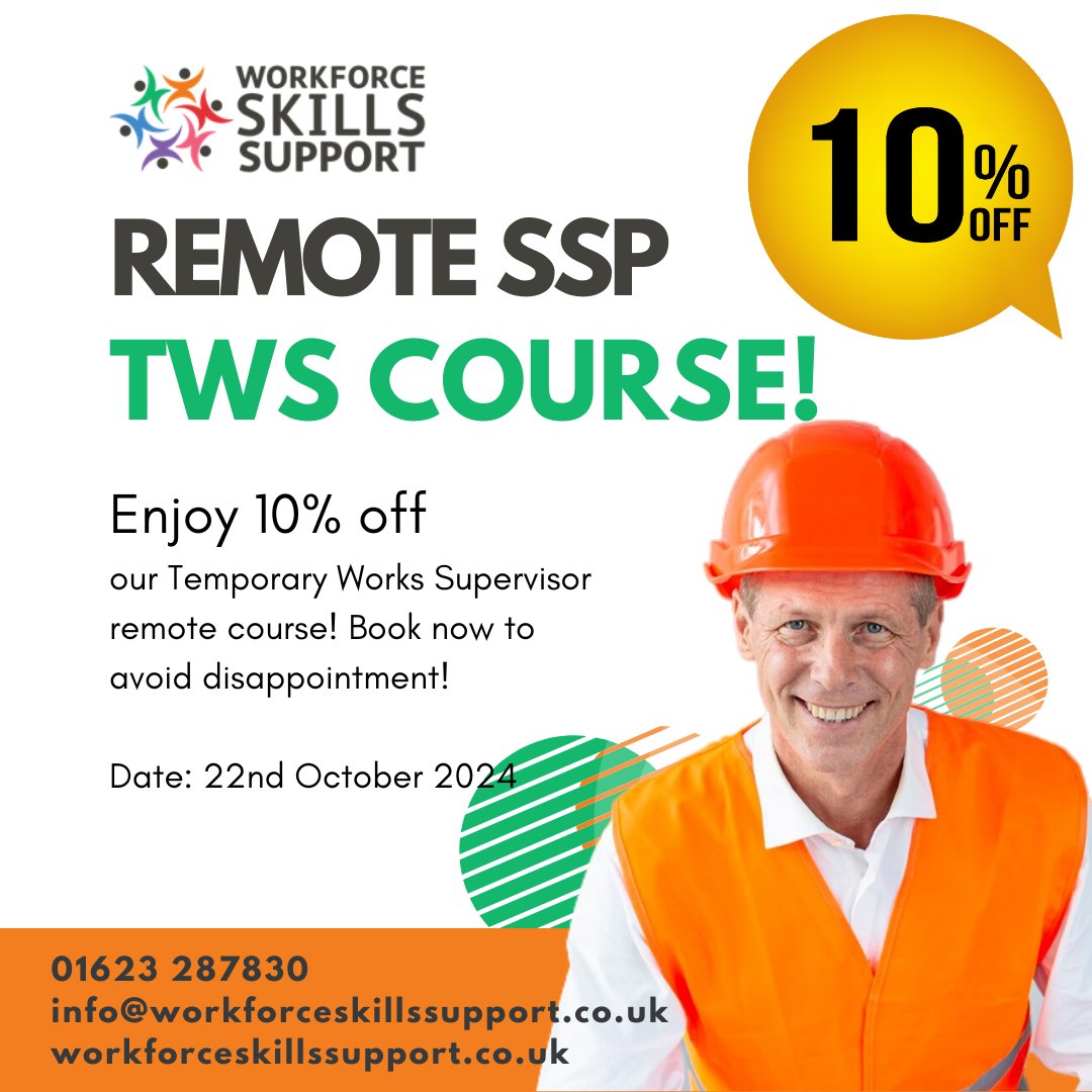 constructionwss's tweet image. 🚨 10% OFF CITB Temporary Works Supervisor (TWS) Course! 🚨

🗓️ When: 22nd October 2024

workforceskillssupport.co.uk/citb-temporary…

Book today!

01623 287830
info@workforceskillssupport.co.uk

#tws #SiteSafetyPlus #remotecourse #LimitedOffer #constructiontraining #SaveNow