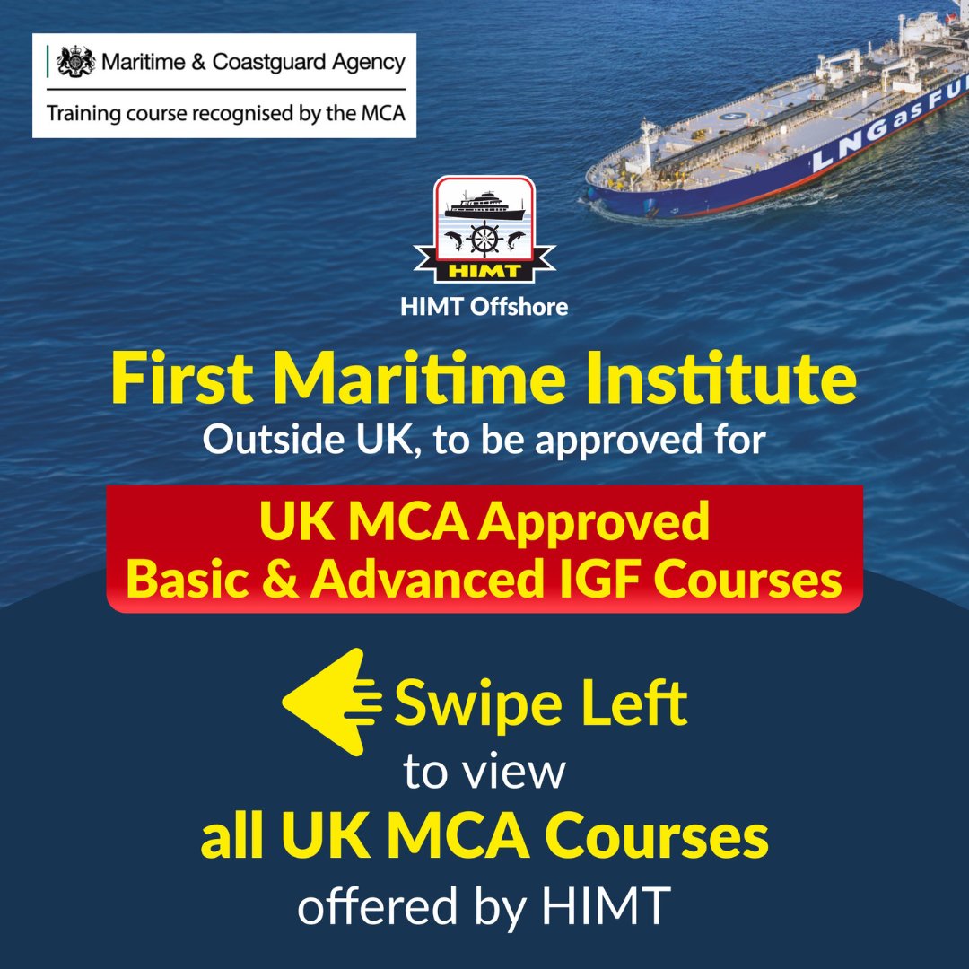 MarineInsight's tweet photo. 👉#HIMT is proud to be the 1st #maritimeinstitute outside the UK to offer UK MCA-approved Basic & Advanced IGF courses.
👍With 15+ UK MCA-approved courses available, provides top-quality training.
🔗Explore our courses & secure your spot https://t.co/svn0AxHIIt
#Sponsored https://t.co/Bc08SEb4MF