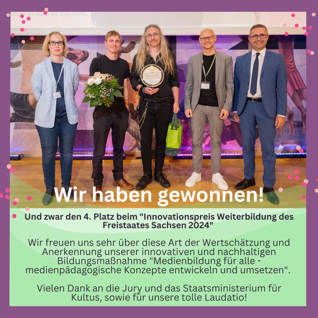 lfdsachsenev's tweet photo. Wir haben gewonnen. Den 4. Platz beim "Innovationspreis Weiterbildung des Freistaates Sachsen 2024". 
Vielen Dank an die Jury und das Sächsische Staatsministerium für Kultus @Bildung_Sachsen , sowie für unsere tolle Laudatio! https://t.co/xLlrYlf1Ar