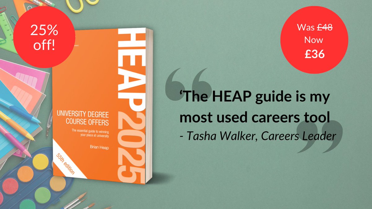 TrotmanUKBooks's tweet image. ✨ Make uni applications easier with &apos;HEAP 2025: University Degree Course Offers&apos;—now 25% off! A perfect time-saving tool to help your students as deadlines approach.

Sale ends 30/09 - don&apos;t miss out on this great saving:  shorturl.at/vPG1P

#UCAS #HEAP #UniApplication