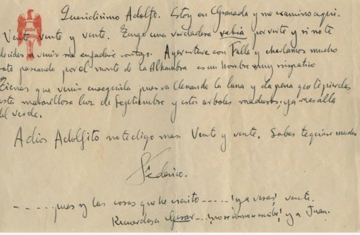 Una carta de Lorca a Adolfo Salazar