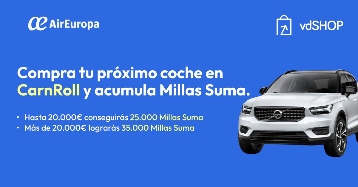 vdSHOP_vass's tweet photo. 🚀 ¡Anunciamos una alianza estratégica entre #CarnRoll y @AirEuropa! ✈️🚗
+900,000 clientes ya pueden renovar su coche y acumular hasta 25.000 Millas Suma para su próximo destino. 🌍🏖️
¡Grandes beneficios y éxitos por venir! 🔝
 #Marketplace #viajes https://t.co/KGPt7mACpt