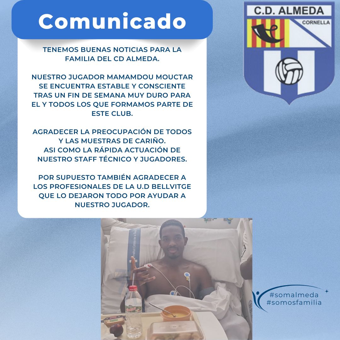 🔵⚪ Comunicado Oficial🔵⚪

💪 Nuestro jugador Mamadou Mouctar se encuentra estable.

👏 Agradecer a todos las muestras de apoyo recibidas y la <a href="/UniBellvitge/">U.D. Unificación Bellvitge</a> por la implicación mostrada en todo momento.