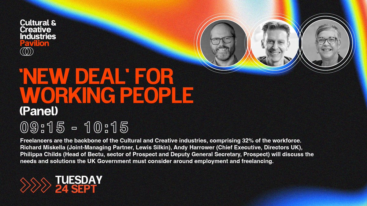 Today our CEO Andy <a href="/HarrowerAndy/">Andy Harrower</a> will be speaking at the on this panel at 9.15 as part of the Cultural &amp; Creative Industries Pavilion at the #LabourConference2024 

<a href="/Directors_UK/">Directors UK</a> <a href="/bectu/">Bectu</a> <a href="/philippachilds/">Philippa Childs</a> <a href="/WeAreCreativeUK/">Creative UK</a>