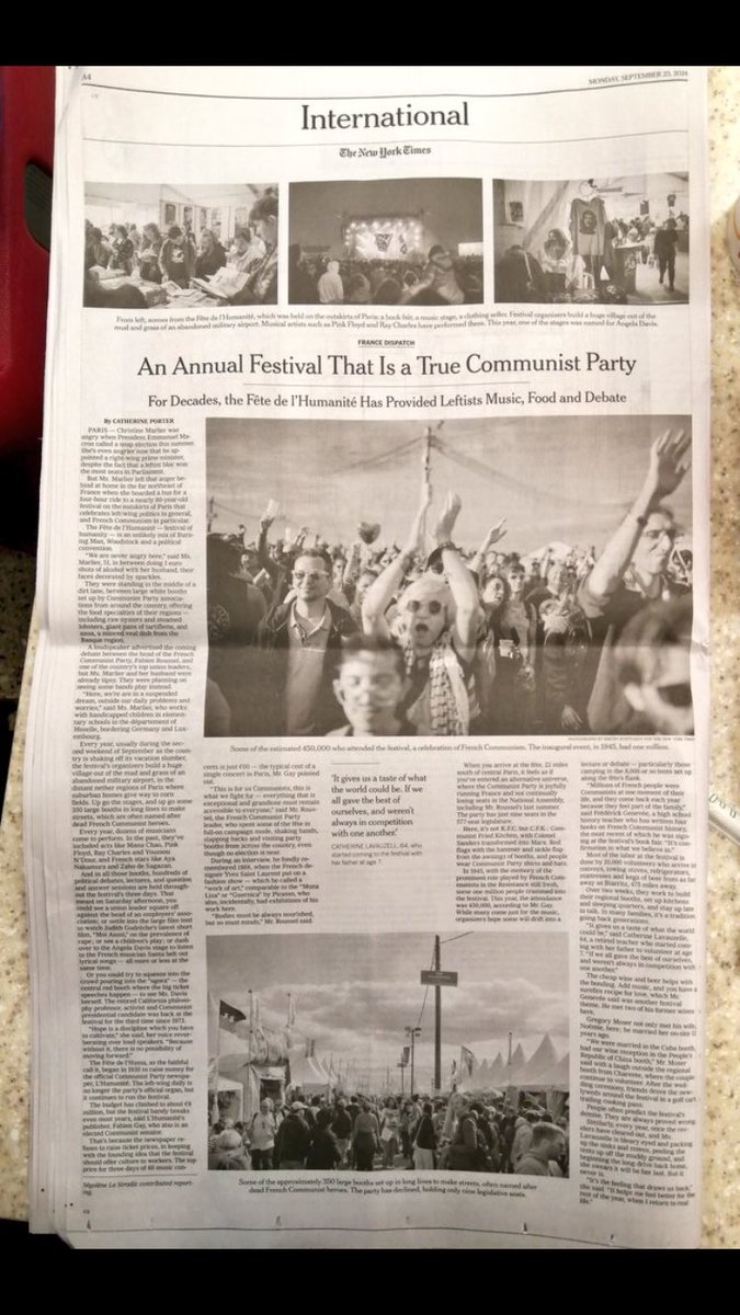 « A blend of Burning Man, Woodstock and a political convention, attracts the masses with bands, lectures and food » 

La Fête de l’Humanité est dans le <a href="/nytimes/">The New York Times</a> ! 👀

👋 <a href="/porterthereport/">Catherine Porter</a>