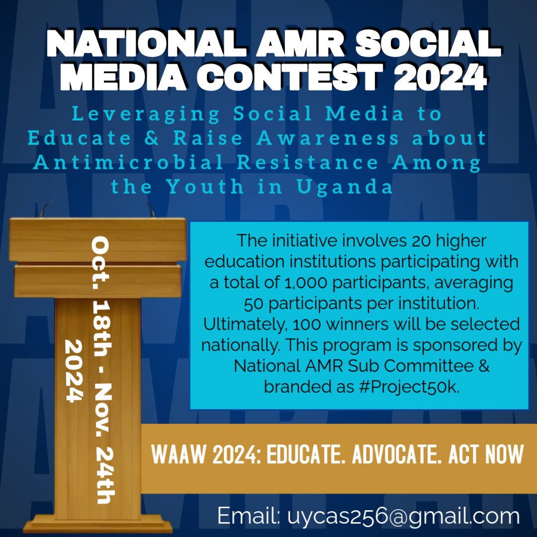 UYCAS256's tweet photo. Exciting news! 🌟 We're launching #Project50k with 20 institutions and 1,000 participants 50k outreach potential 🎉
#NationalAMRSocialMediaContest24
#WAAW2024 Powered by National AMR Sub Committee.
#StayTuned
For more Info: uycas256@gmail.com https://t.co/QFF2CEV7B6