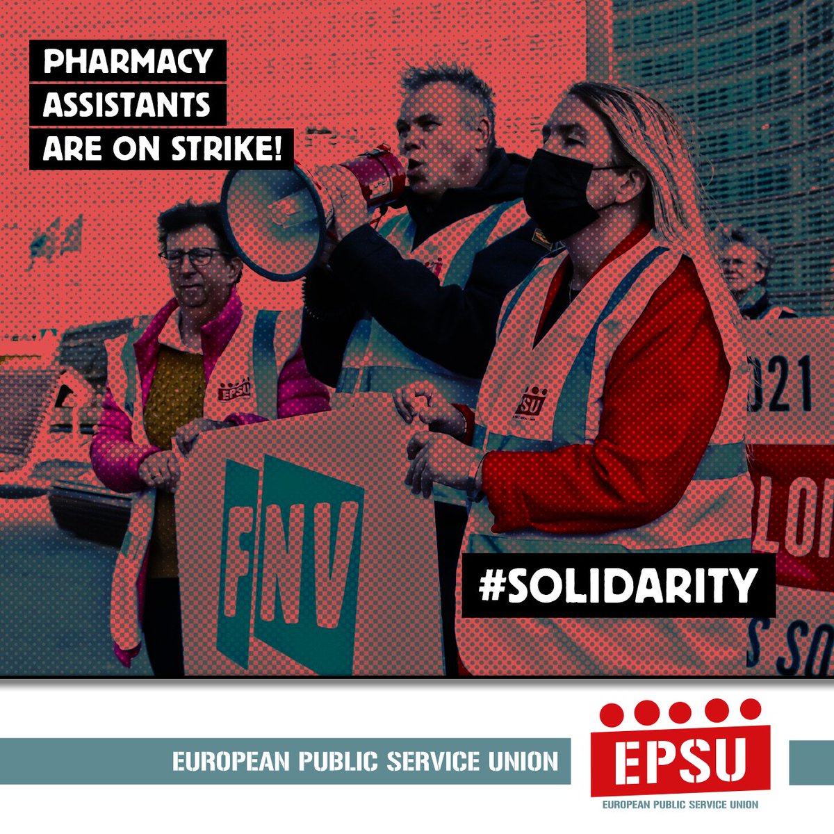 📣Today is the Day of the Pharmacy Assistants in the Netherlands.

Today, <a href="/FNV/">FNV</a> will be on strike &amp; gather in front of the Ministry of Health in Hague for a collective agreement.

EPSU supports pharmacy assistants in their struggle against low pay and work pressure ✊🏾 #Solidarity!