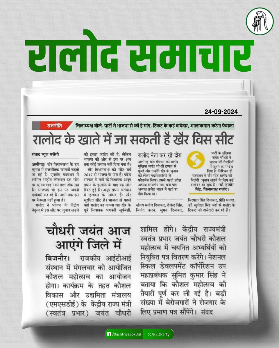रालोद समाचार...
#RLD #Aligarh #UttarPradesh
<a href="/jayantrld/">Jayant Singh</a> <a href="/RLDparty/">Rashtriya Lok Dal</a> <a href="/MalikBirpal/">Birpal Malik</a>
<a href="/RavindraRLD/">Ravindra Singh Patel</a> <a href="/BrijeshChahar11/">Brijesh Chahar</a> @GudduchMLA <a href="/UttarPradeshRLD/">Rashtriya LokDal Uttar Pradesh</a>