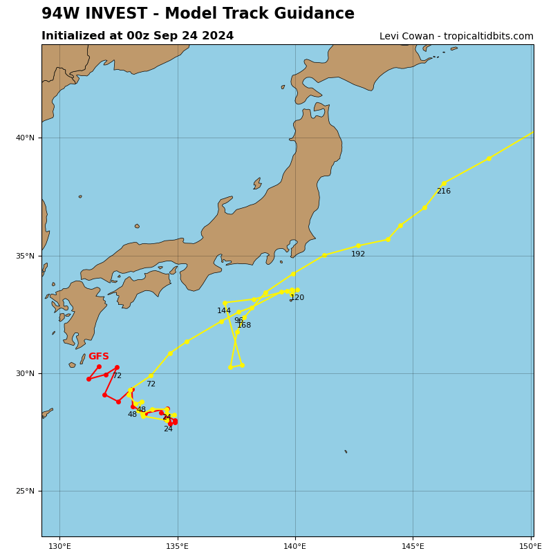 LimWeather's tweet photo. here's #Invest94W,E of #Amami,#Kagoshima,forecast to head NE and skirt along S #Japan's coast
Interests there should watch this closely!
#Wxtwitter #Wxx #Tropicswx #Cimaron #Jebi #台風16号 #台風17号 #94W https://t.co/N2wa5c8Juy