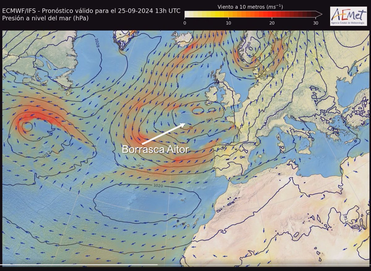 AEMET_Esp's tweet photo. ⚠️LLega la #BorrascaAitor.

🌀Nombrada por AEMET, es la primera de gran impacto de la temporada 2024-2025.

👉 Dejará vientos fuertes, temporal marítimo y lluvias intensas en zonas del norte y oeste de la Península.

Infórmate del estado del tiempo en https://t.co/ljJpl4SrlI https://t.co/wiMRXuggxg