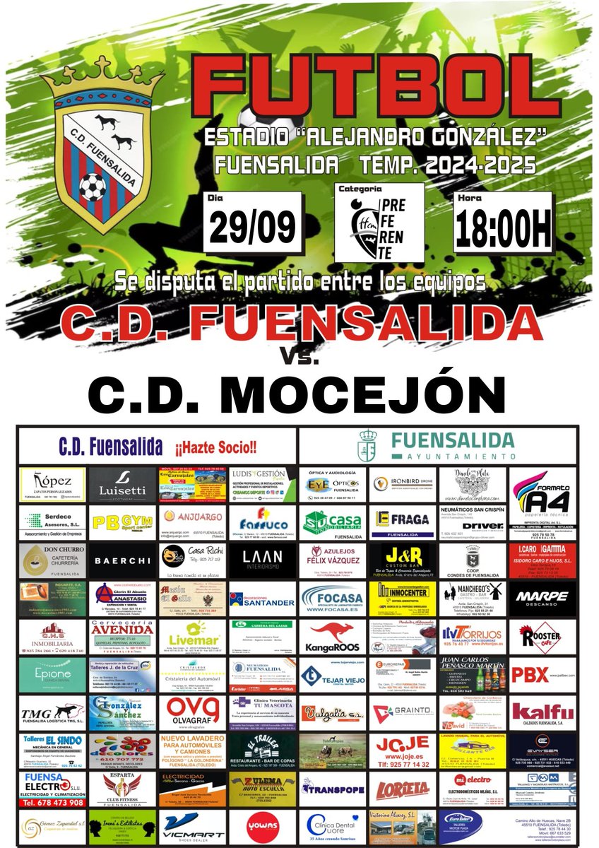 Este domingo volvemos al Alejandro González‼️

Os esperamos AFICIÓN ❤️

JORNADA 4️⃣ l #CDFuensalida 

📆  Domingo, 29 de Septiembre 
🆚  <a href="/CD_Mocejon/">CD MOCEJÓN</a>
⌚ 18:00h
🏟️ Estadio Alejandro González 
💵 Socios Gratis / no socios 7€(local) || 10€ (visitante)