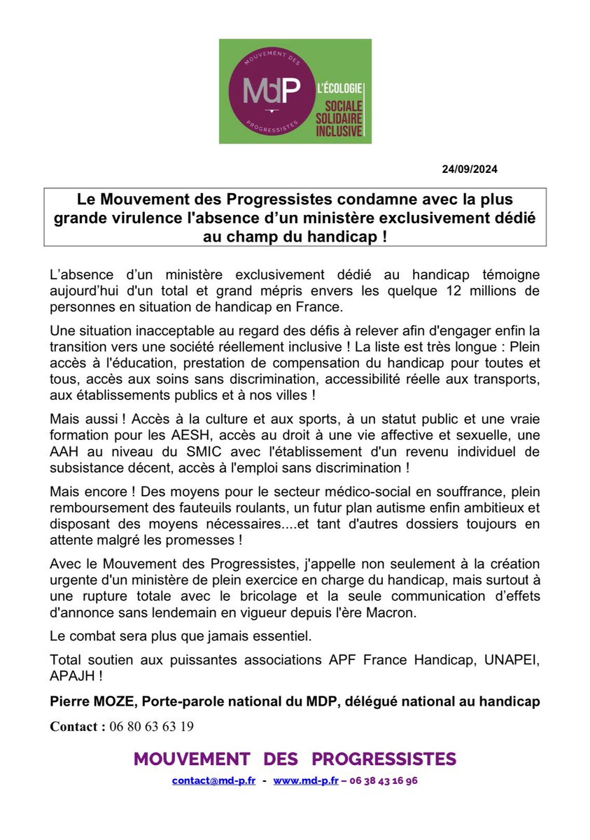 Francois Bechieau (@fr_bechieau) on Twitter photo Avec mon ami <a href="/PierreMoze/">MOZE Pierre</a> et le Mouvement des Progressistes, nous condamnons avec virulence l’absence d’un ministère exclusivement dédié au champ du #handicap ! #Urgences #Inclusion #Education #Emploi #Sport #Culture <a href="/Mdp_dept93/">MdP Coordination 93</a> <a href="/Mdpmarseillais/">Mdpmarseille</a> <a href="/ParisUrgence/">Urgence Ecologie Paris</a> <a href="/MdpMouvement/">Mouvement des Progressistes</a> Avec mon ami <a href="/PierreMoze/">MOZE Pierre</a> et le Mouvement des Progressistes, nous condamnons avec virulence l’absence d’un ministère exclusivement dédié au champ du #handicap ! #Urgences #Inclusion #Education #Emploi #Sport #Culture <a href="/Mdp_dept93/">MdP Coordination 93</a> <a href="/Mdpmarseillais/">Mdpmarseille</a> <a href="/ParisUrgence/">Urgence Ecologie Paris</a> <a href="/MdpMouvement/">Mouvement des Progressistes</a>
