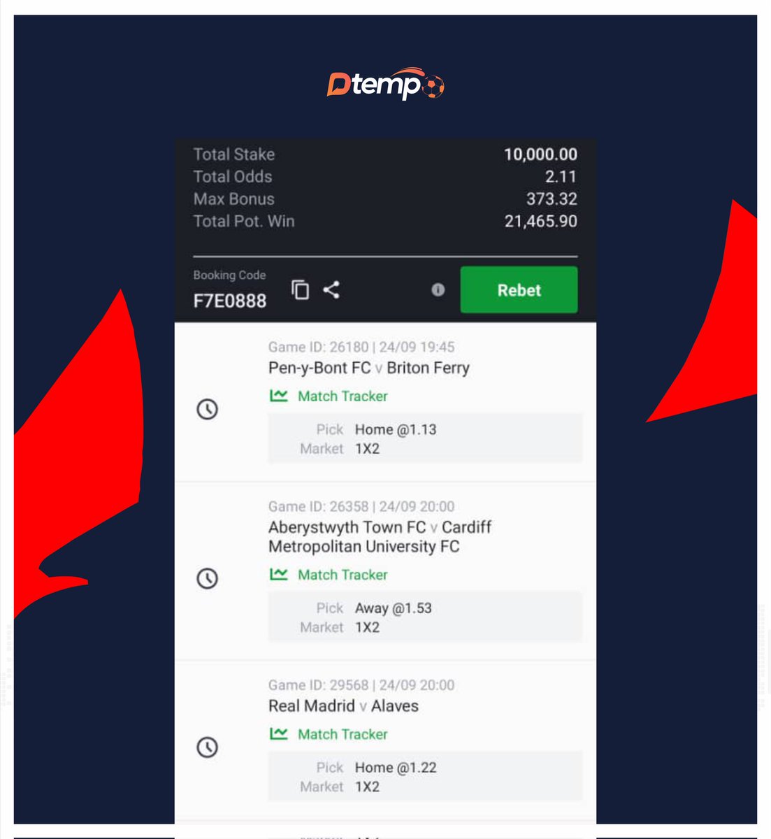 DtempoApp's tweet photo. Today's games all for free! 🔥
Sure 2 odds! 

SportyBet!
Booking Code: F7E0888

Bet responsibly 🔞
Follow us for more ⤵️

#DtempoConnect #Bet #Win #SportyBet #Prediction #Football https://t.co/iUnRkQduTD