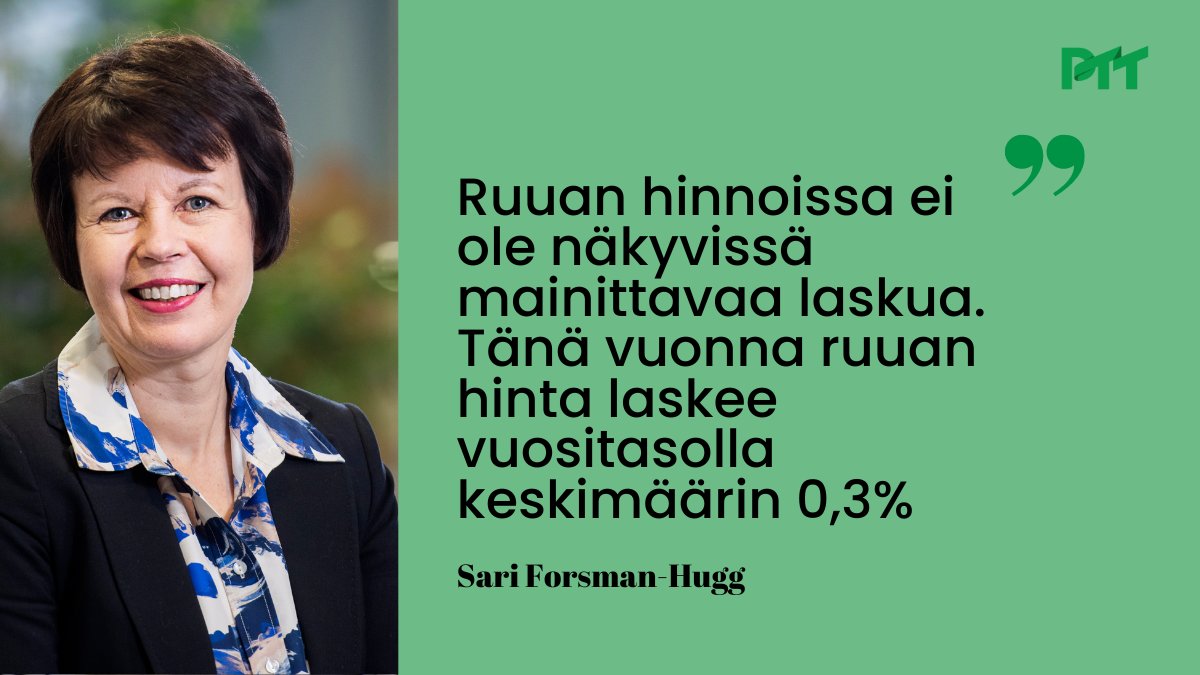 Ennusteemme:
Ruuan hintakehitys on selvästi tasoittunut. Tähän on vaikuttanut elintarviketeollisuuden kustannusten nousun pysähtyminen.
Maitotuotteiden hinnat laskevat tänä vuonna enemmän kuin lihan, mutta leivissä ja viljatuotteissa laskua ei juurikaan nähdä.