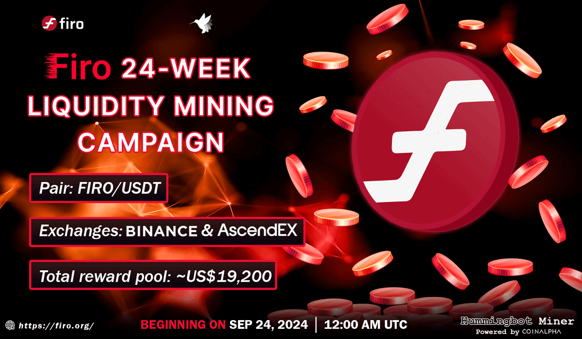 🚀 The 24-week $Firo Liquidity Mining Campaign via <a href="/hummingbot_io/">hummingbot_io</a> is LIVE! 🌊 Provide liquidity to <a href="/binance/">Binance</a> and <a href="/AscendEX_/">AscendEX</a> on the FIRO/USDT pair and earn from a reward pool of ~US$19,200! 💰

📖 Read more here: firo.org/2024/09/24/fir…
#FIRO #LiquidityMining #Crypto